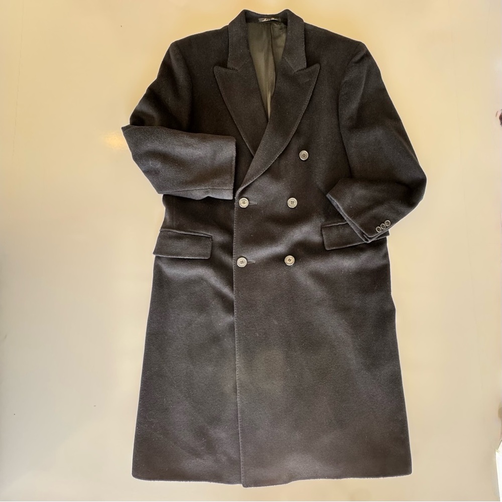 Classic Double-Breasted Wool Cashmere Full Length Coat Black Mens LARGE
